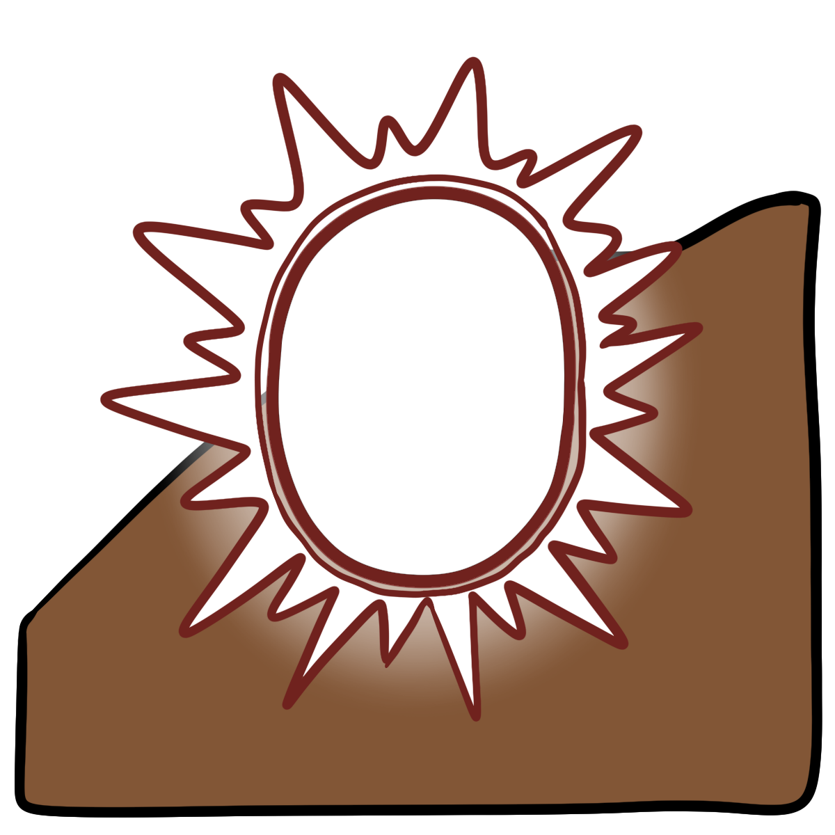 A glowing white oval with a ring of white outward points around it with red outlines. Curved medium brown skin fills the bottom half of the background.